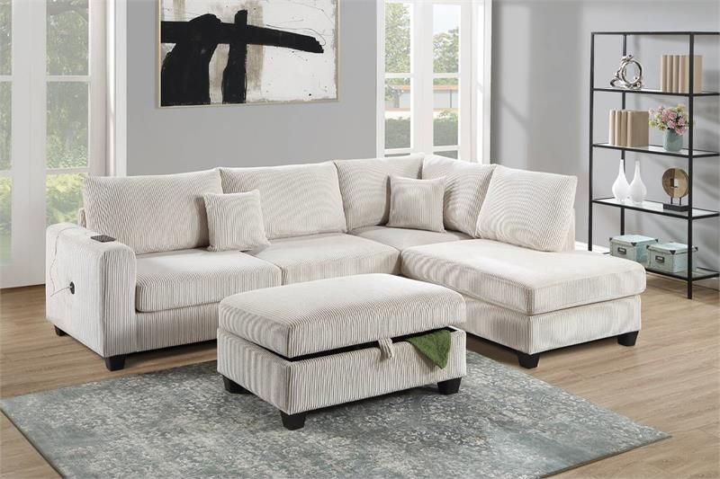 2 Piece Sectional w USB and Storage Ottoman – Ivory Color