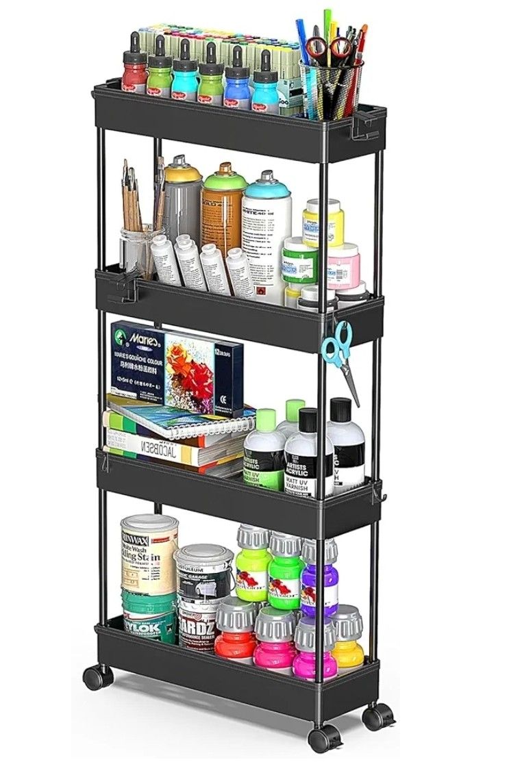 SPACEKEEPER Slim Rolling Storage Cart 4 Tier Bathroom Organizer Cart Mobile Shelving Unit Slide Out Utility Cart for Kitchen, Bthroom, Makeup, Craft,