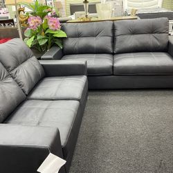 Carbon Color Sofa Loveseat Lethear Upholstery 