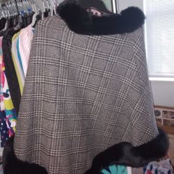 Black Fur Trimmed Houndstooth Poncho