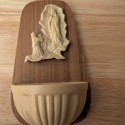 Vintage Lourdes Wood & Celluloid Catholic Holy Water Font