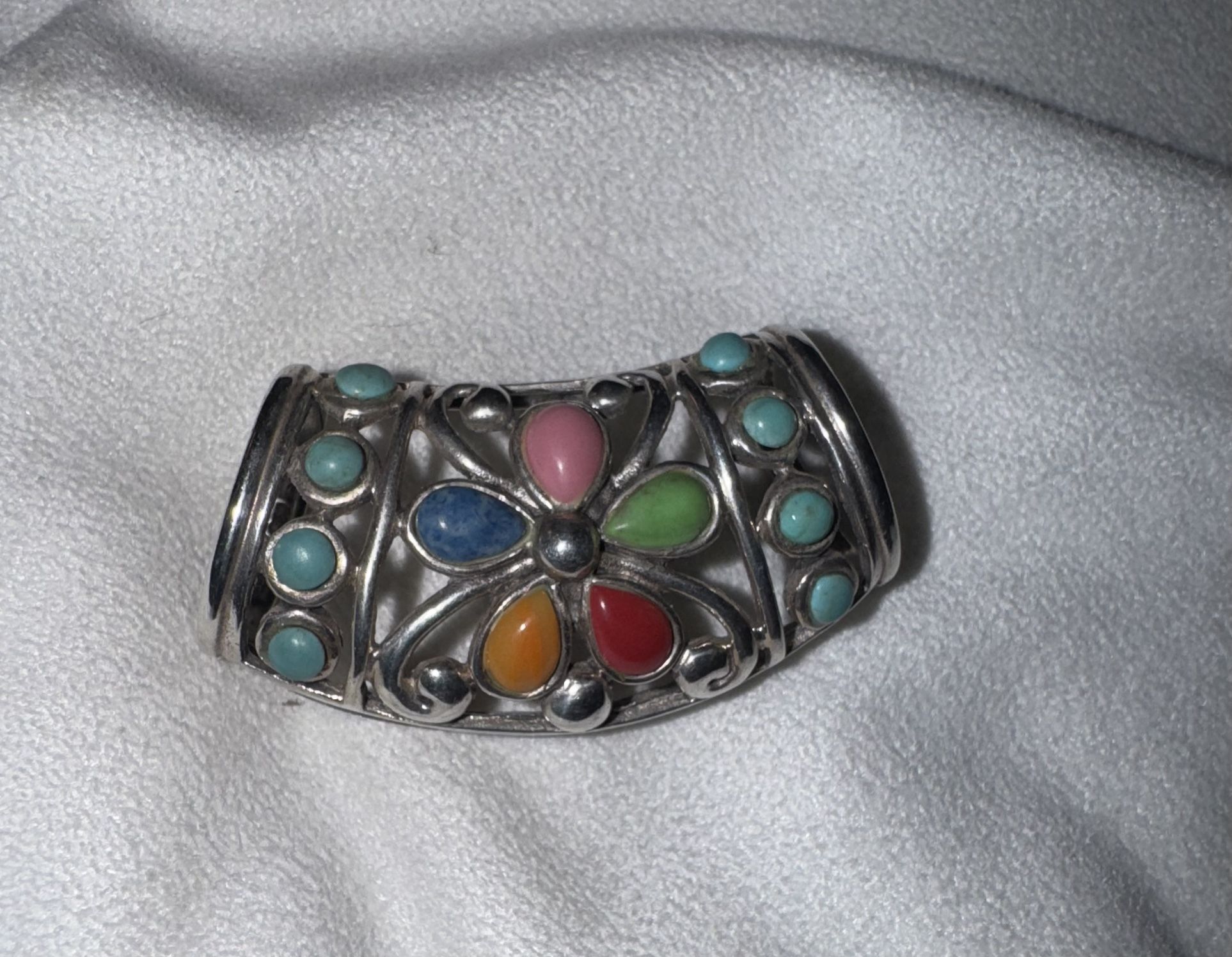 Vintage Multi Gemstone Turquoise Daisy Flower Sterling Silver Large Pendant