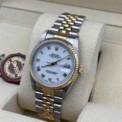 1989 Rolex Datejust 16233 36mm 18k yellow gold & stainless steel jubilee bracelet factory white roman numeral dial 18k fluted bezel box tag appraisal 