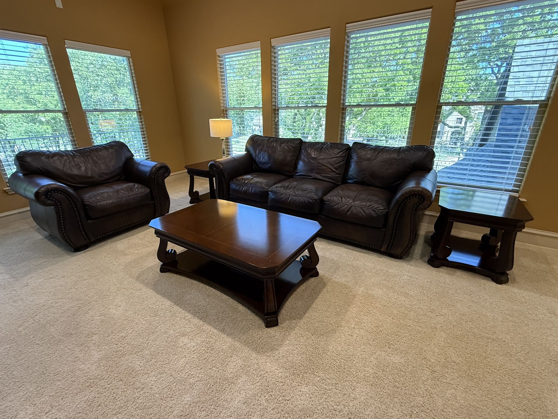 Living Room Set (Leather/Cherry wood) - Havertys