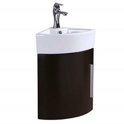 Corner Wall Mount Vanity Sink, Compact White Sink With Dark Oak Vanity, Scratch And Stain Resistant Finish, Heavy Duty Grade A Vitreous China Built, F