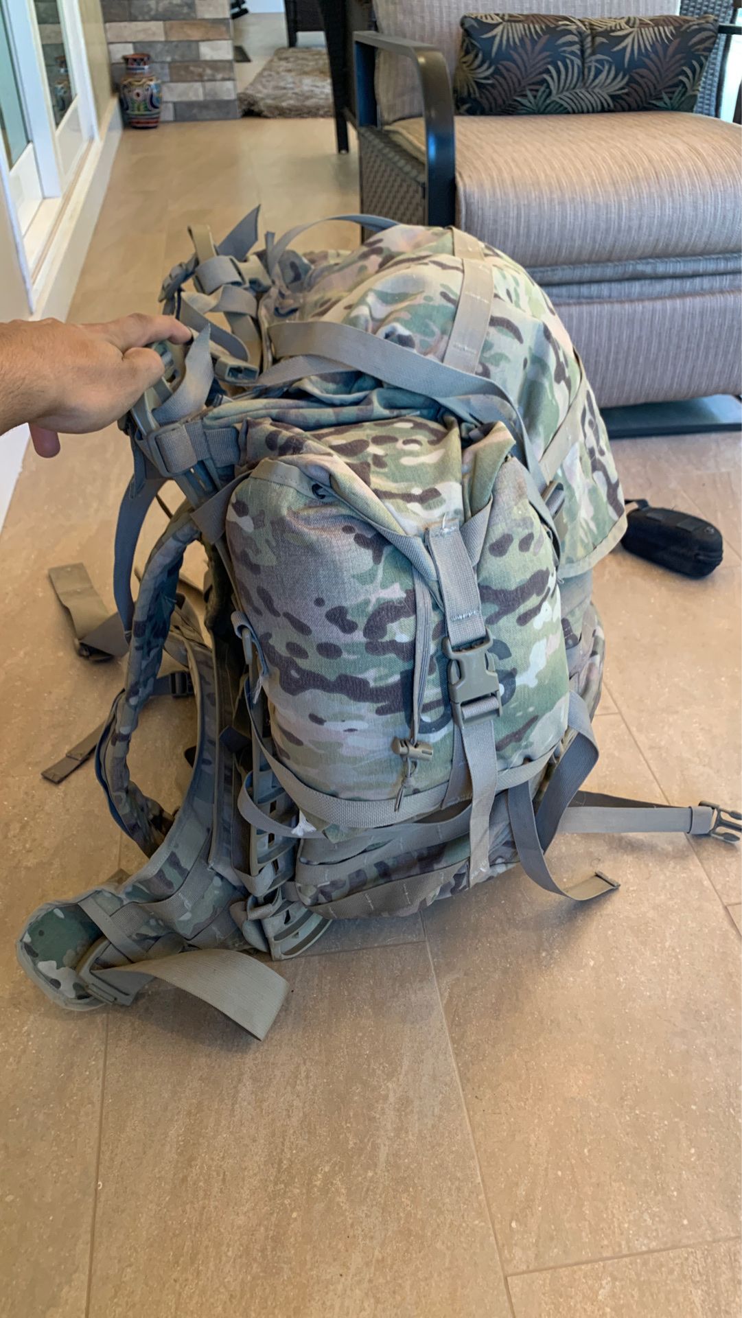 Military rucksack with sleeping gear