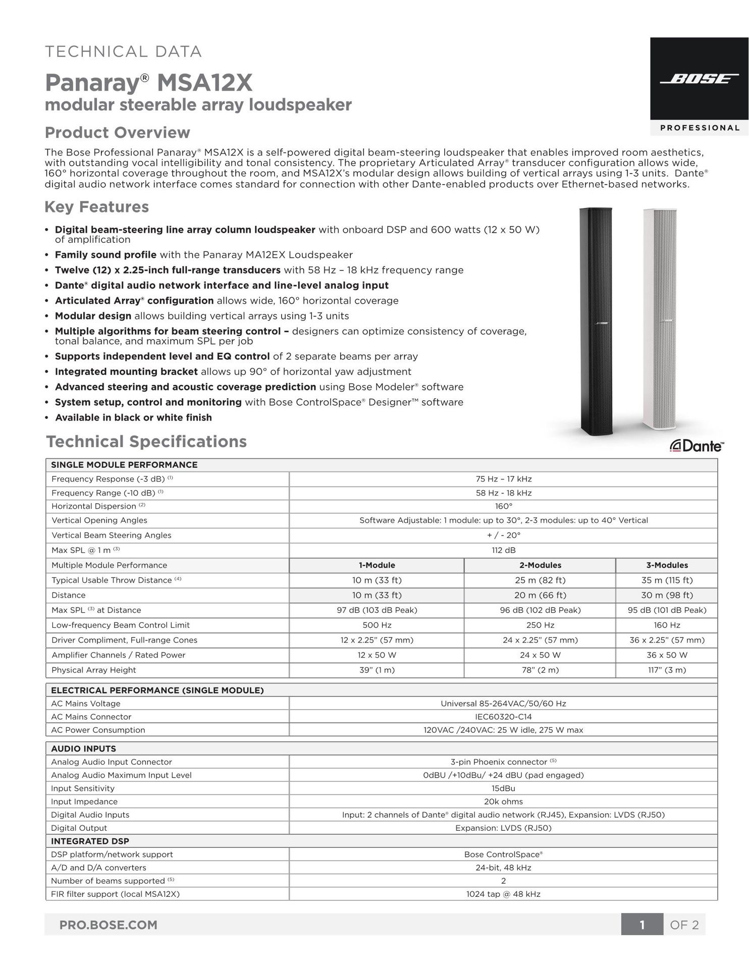 Bose Panaray MSA12X Dante Power Column Pro Speakers