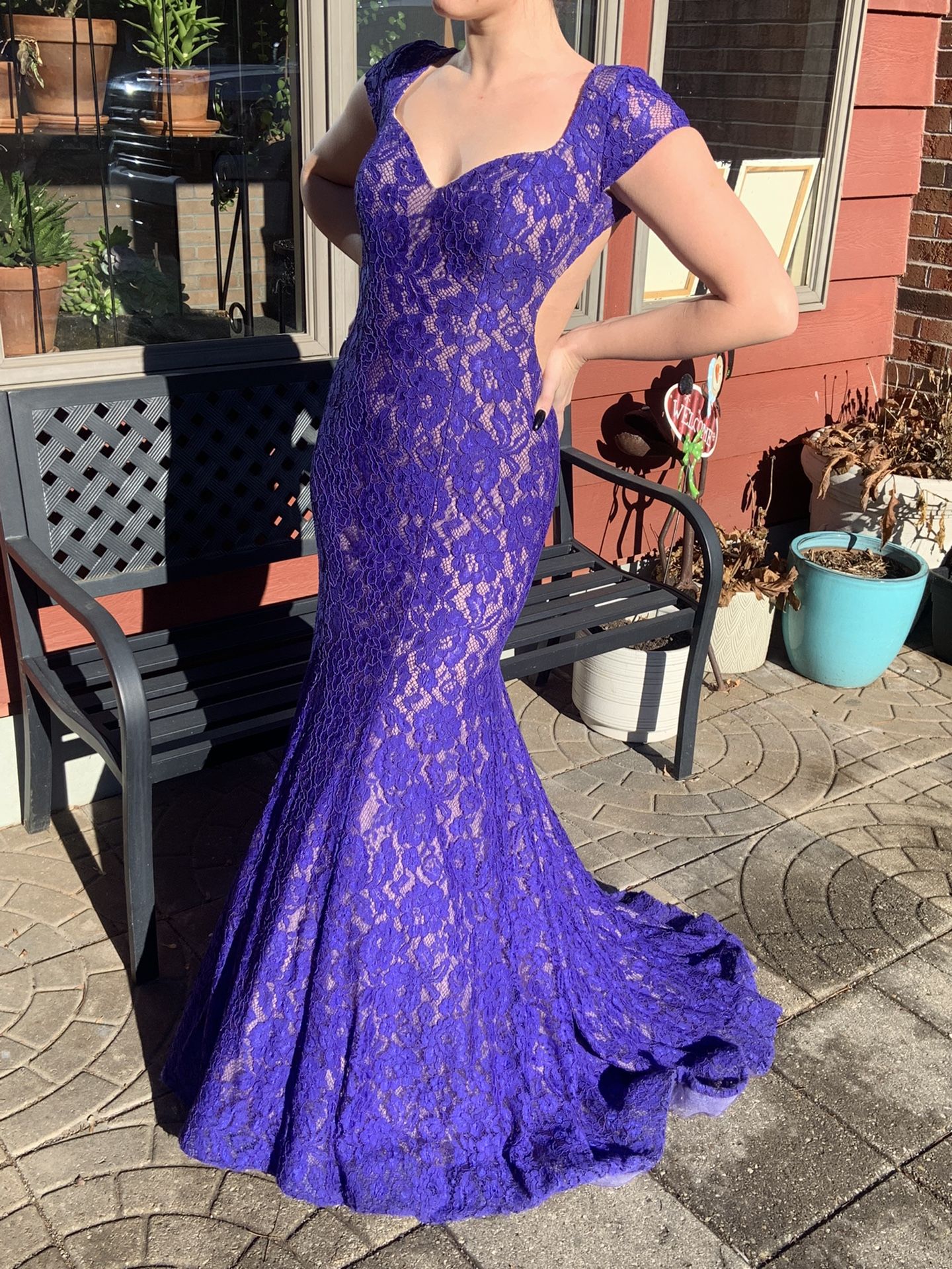 Purple-Blue Lace Backless Long Dress