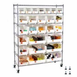 175# 7-Tier Rolling Bin Storage Rack, 26 Organizer Bins, Bin Rack Storage Steel Wire Shelving System with Wheels, Mobile Tool Organizer for Garage, W