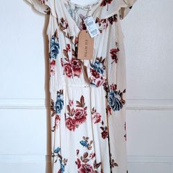 Summer Dress , Size Medium, Cream With Floral Print