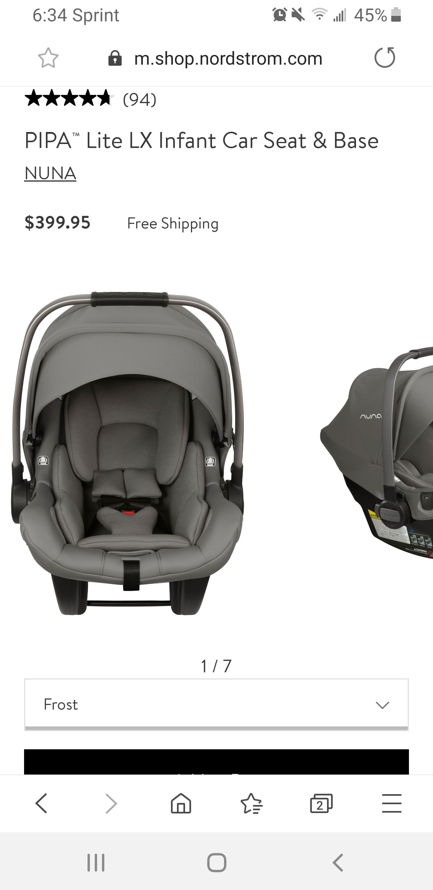 Nuna PIPA lite car seat with extra inserts and base