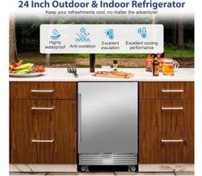 Outdoor Refrigerator 24 Inch, Undercounter Beverage Fridge with Wheels, 180 Cans Waterproof Stainless Steel Fridge for Outdoor Kitchen and Patio