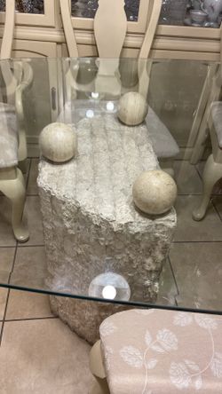 Vintage Dining Table: Coral Stone & Glass - Miami* Sculptural vintage table from the 80s–90s era. Hand-carved base made of coral stone/travertine, fea