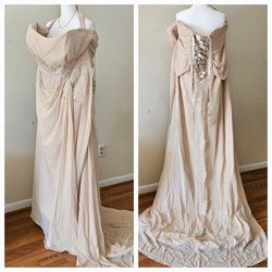 Super Big Busted Beige Strapless Asymmetrical Ruched Pleated Gathered Waist Wedding Gown with Satin Latice Adjustable Expandable Back, Beautiful Sequi