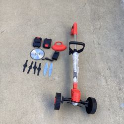 Electric Grass Trimmer,21V 2 Battery,3-in-1 Stringless Lightweight Brush Cutter/Edger/Mower with 3 Types Blade & Wheels