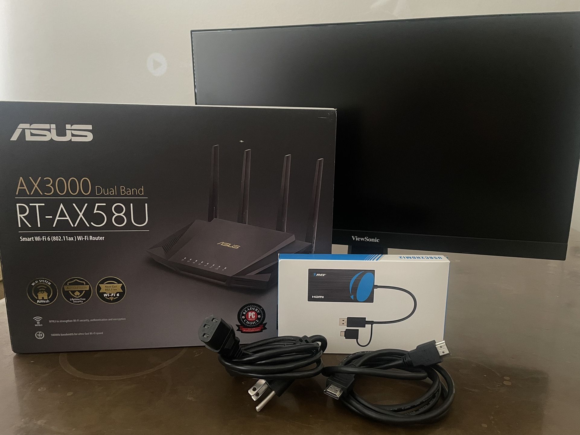 Tech Bundle - 22” Monitor With HDMI and Power Cord, HDMI adaptor, And ASUS Smart router 