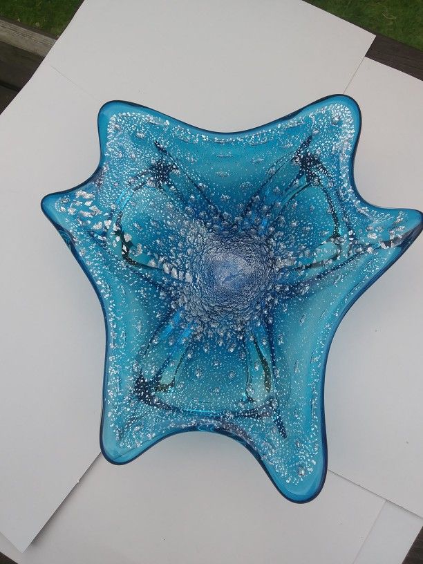 Blue Art Glass Dish With Silver Flakes And Controlled Bubbles