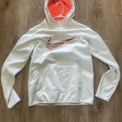 Nike Therma Fit Hoodie White/Orange Swoosh Activewear Pullover Women’s Sz Small
