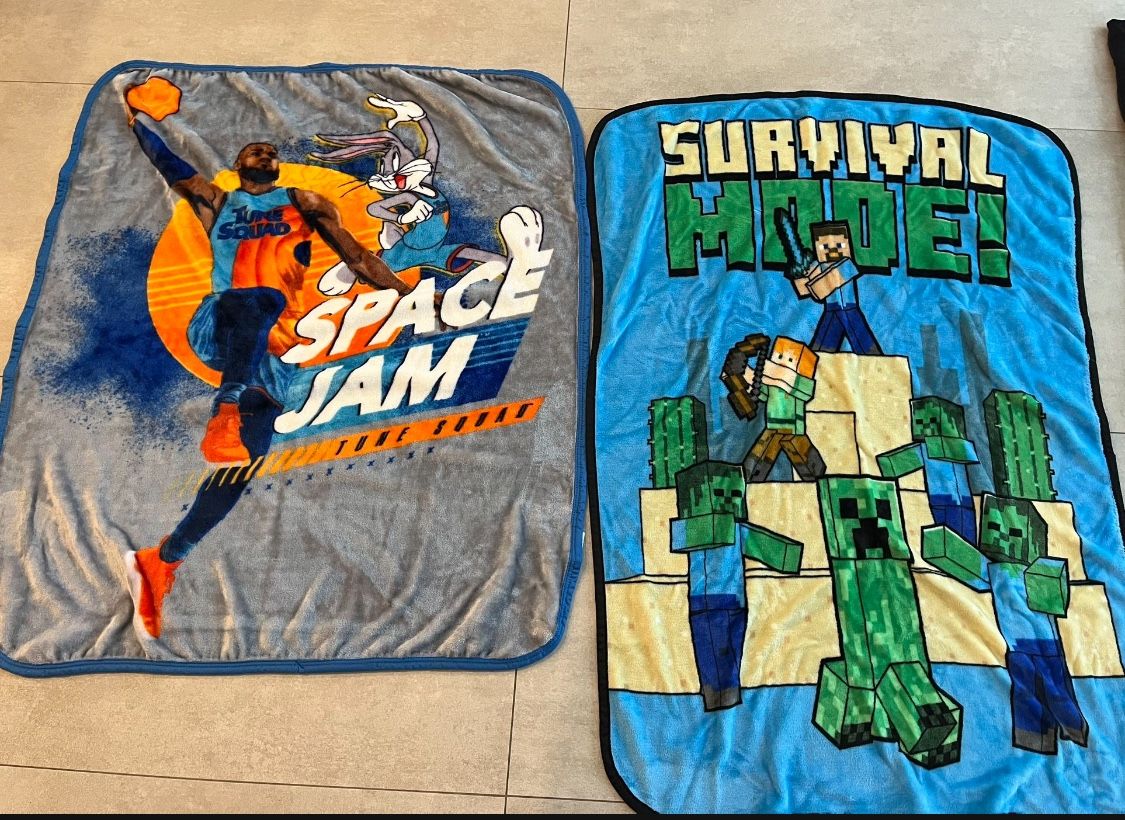 Kids blankets. Basketball Space Jam Minecraft Basketball themed one is 5 x 7 feet for $10 Two smaller Minecraft and space jam ones are around 4 × 3 f
