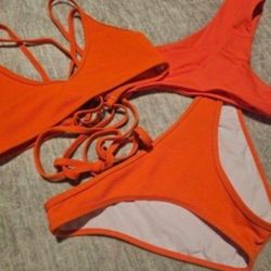 Time & Tru Bikini Bathing Suit Three Piece Set in Orange Medium, 
