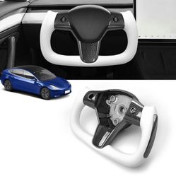 QianBao Compatible with Genuine Leather Carbon Fiber Steering Wheel Sport Racing Modified Interior Accessory Steering Wheel for Tesla Model 3 of all Y