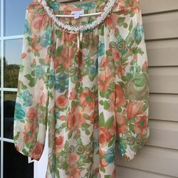 Beautiful Cream, orange floral Charter Club Size 12 BLOUSE TOP with beaded bling
