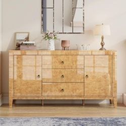 High Gloss Sideboard Buffet Burl Wood 60'' Cabinet Buffet Table with 3 Drawers & 2 Closed Storages, Mid-Century Modern Sideboard for Dining/Living Rm 