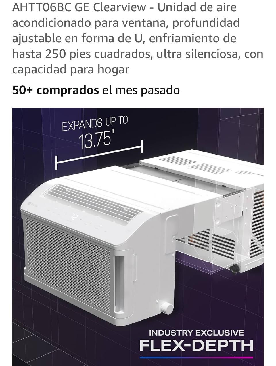 AHTTO6BC GE Clearview - Unidad de aire acondicionado para ventana, profundidad ajustable en forma de U, enfriamiento de hasta 250 pies cuadrados, ultr