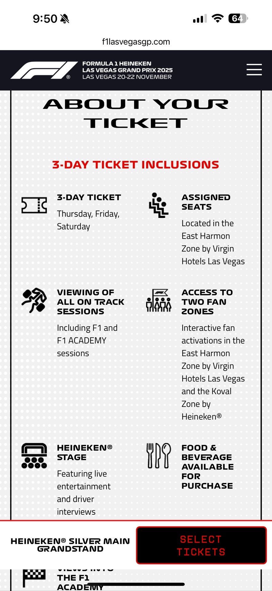 F1 Las Vegas 3 day Heineken Silver Main Grandstand Tickets