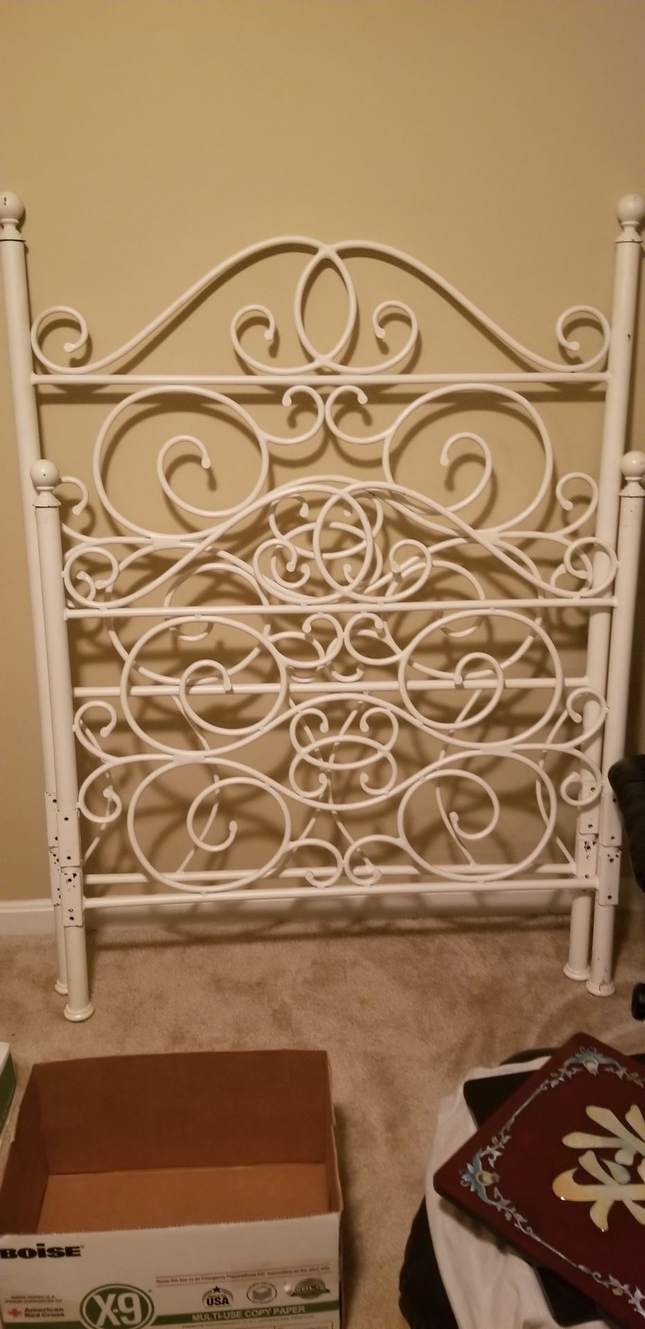 Twin, white metal bed frame with head and foot board