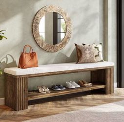 YT0061 63" Solid Wood Entryway Bench, Modern Upholstered End of Bed Bench