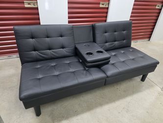 Black Faux Leather Convertible Futon Sofa Bed with USB Ports & Cupholders