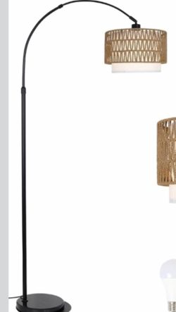Arc Floor Lamp with Remote, Modern LED Floor Lamp with Dimmable Bulb, Boho Farmhouse Standing lamp with Fabric & Rattan Lampshades, Height Adjustable