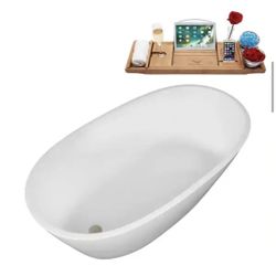 Streamline 51”x28” Acrylic Freestanding Bathtub w/ Bamboo Tray & Nickel Drain