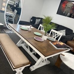 Brunson White/Oak Dining Table Bench And 4 Chair $20 Down Payment and delivery available 