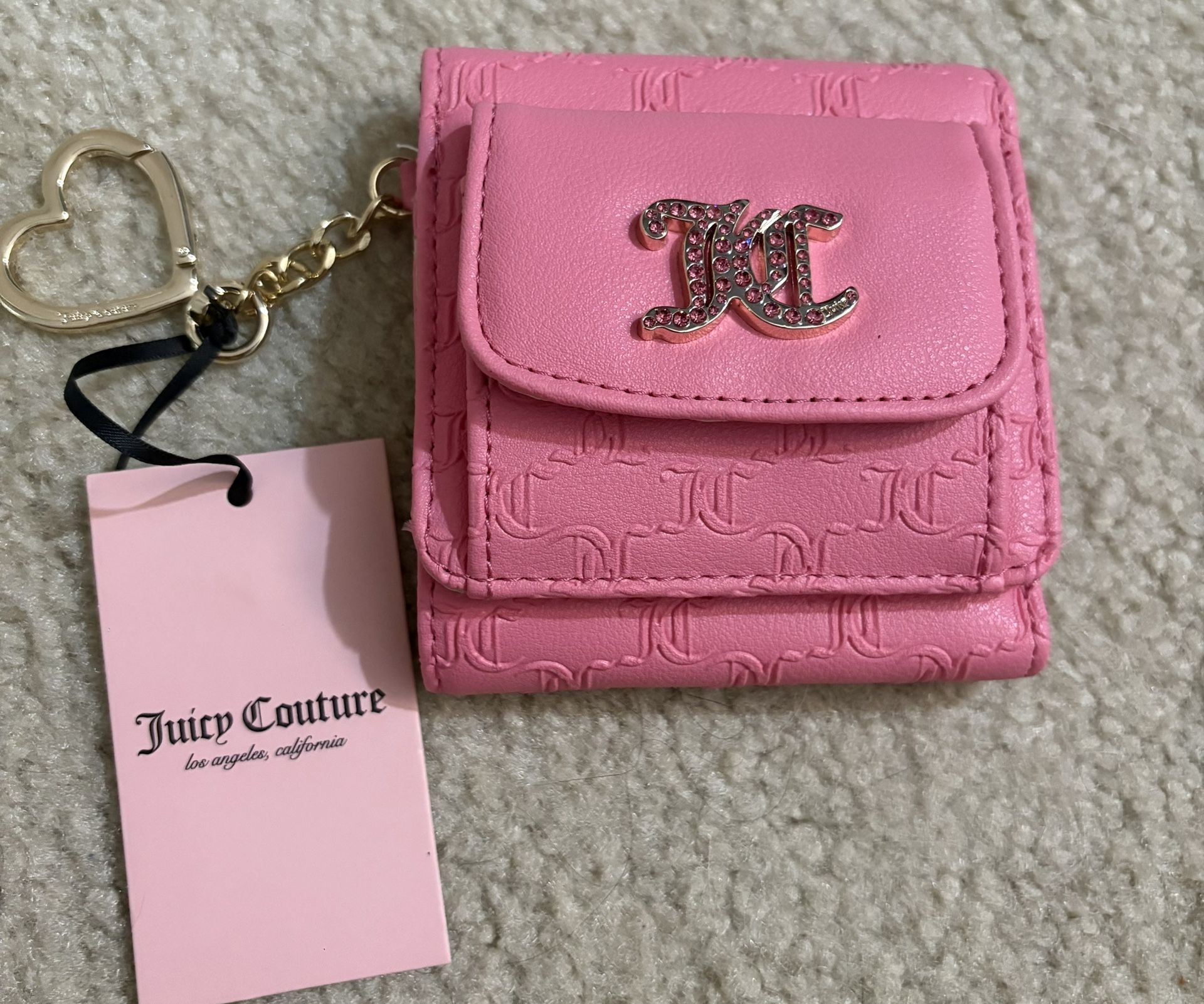 NWT Juicy Couture signature trifold ID Wallet Pink Lemonade and key chain
