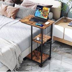 Brand New Box C Side Table with Wheels and Charging Station, Stylish C Shaped End Table with USB Ports and Outlets for Small Spaces - The C 