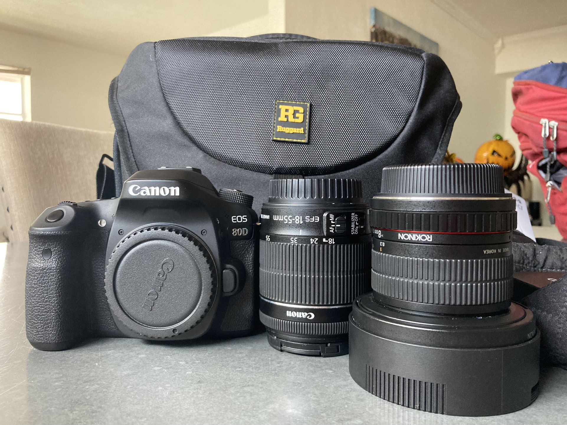 Canon EOS 80D DSLR Camera with  18-55mm Lens +Rokinon 8mm f/3.5 HD Fisheye Lensl
