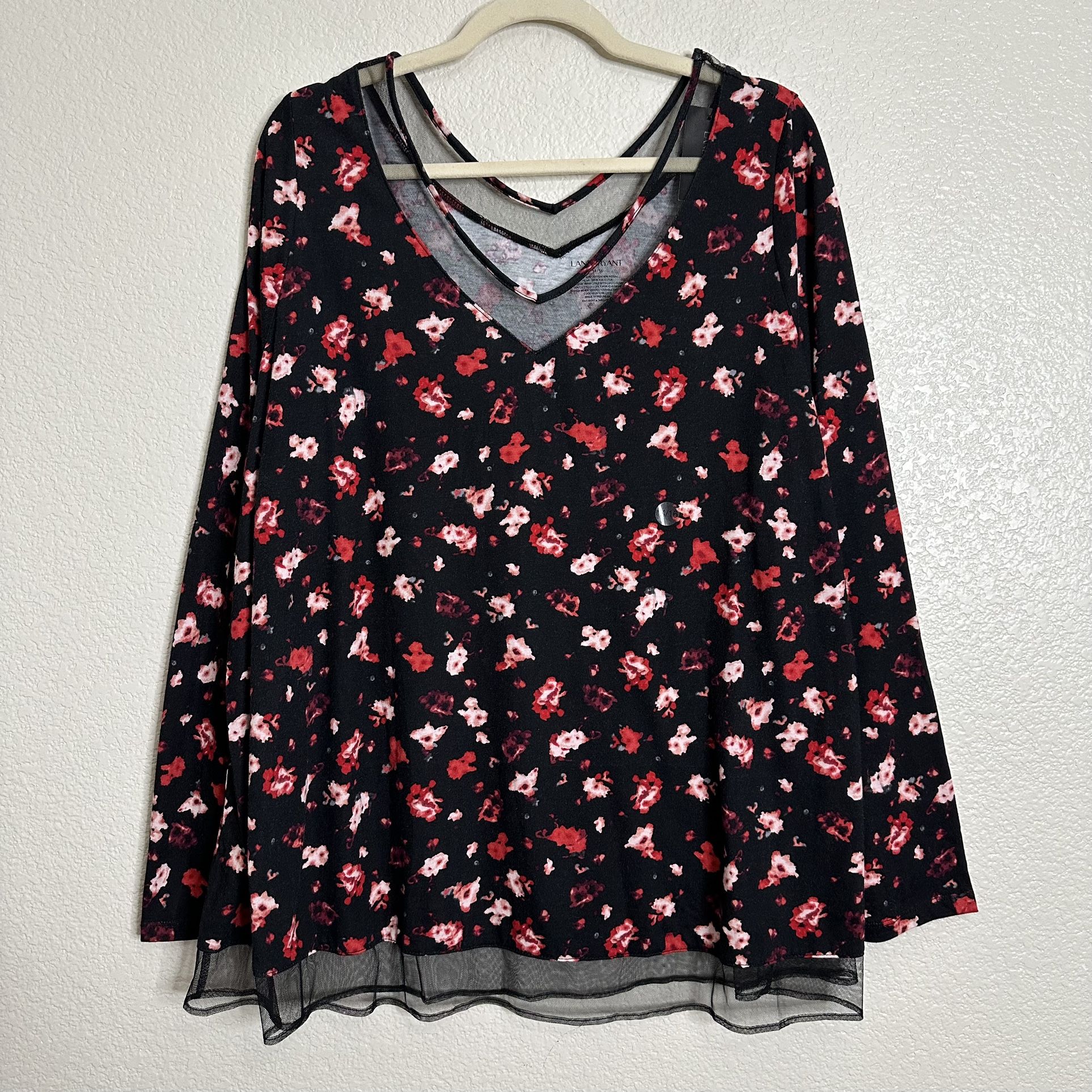 NWT Lane Bryant Floral V-neck Mesh Trim Long Sleeves Top, Size 14/16