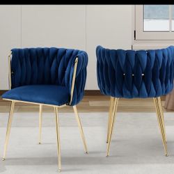 4 Blue Velvet Dining Chairs Woven Upholstered Dining Chairs with Golden Metal Legs
