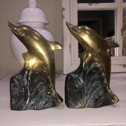 1970s Nautical Solid Brass Dolphin Bookends - Pair