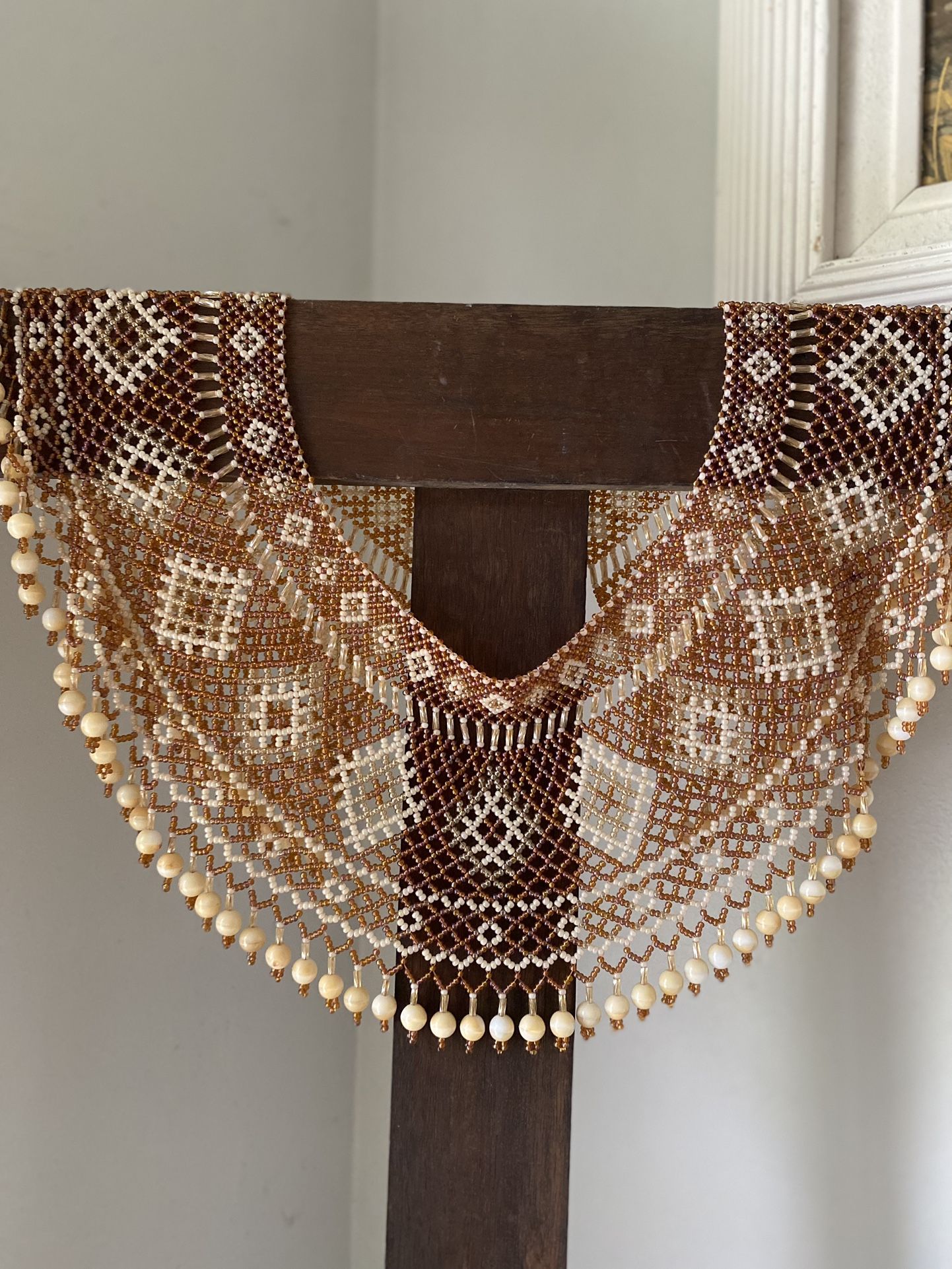 BEADED necklace | wide seed bead glass choker 20”collar accessory,tribal copper brown white geometric artisan unique fall fashion Christmas