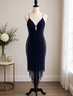 Nicole Bakti Navy Pleated Chiffon Cocktail Dress Women's Medium Rhinestone Accen