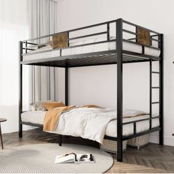 Bunk Bed Twin Over Twin Size with Ladder and Full-Length Guardrail, Metal, Storage Space, No Box Spring Needed, Noise Free, Black  Size Twin