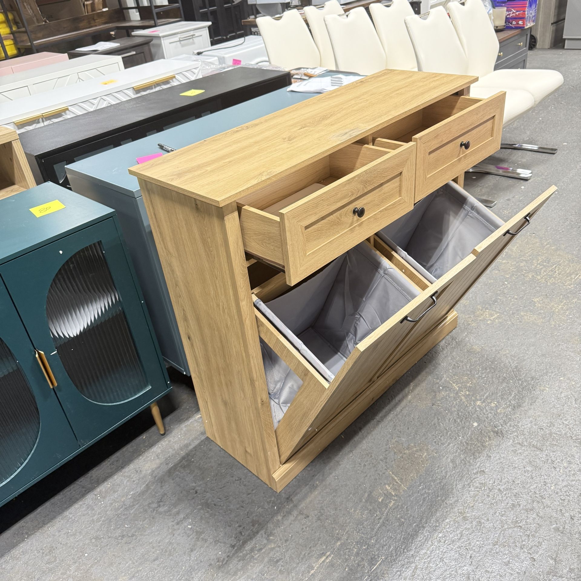 Double Tilt Out Laundry Hamper Cabinet, 20 Gallon Farmhouse Trash Can Cabinet with Drawer, Hidden Wood Garbage Can Bin Cabinets with Laundry Storage B