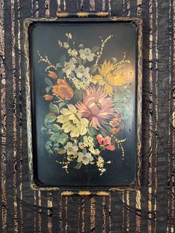 Antique Black Toleware Tray with Floral Painting