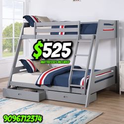 Twin/Full Gray Bunk bed w. Drawers & Ortho Mattresses Included 