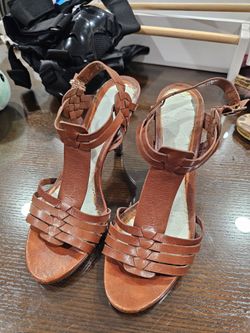 Franco Sarto brown leather woven T-strap heeled sandals