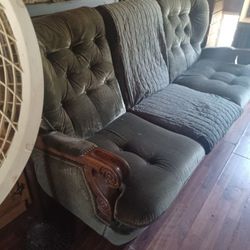 Vintage 4 Piece Set Of Velvet Green And Wood Furniture 