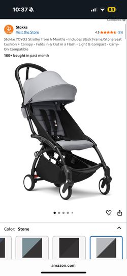 Stokke YOYO3 Stroller from 6 Months - Includes Black Frame/Stone Seat Cushion + Canopy - Folds in & Out in a Flash - Light & Compact - Carry-On Compat